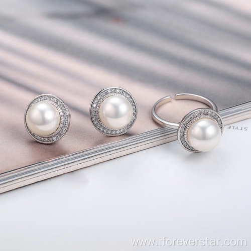 Open Ring and Earring Stud Pearl Jewelry Set